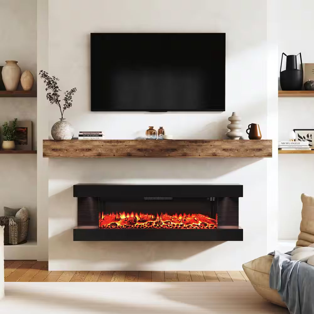 50 In. 3-Sided Wall-Mounted Metal Electric Fireplace with Mantel, LED Flame, Side Ambient Lights, Remote, Timer in Black