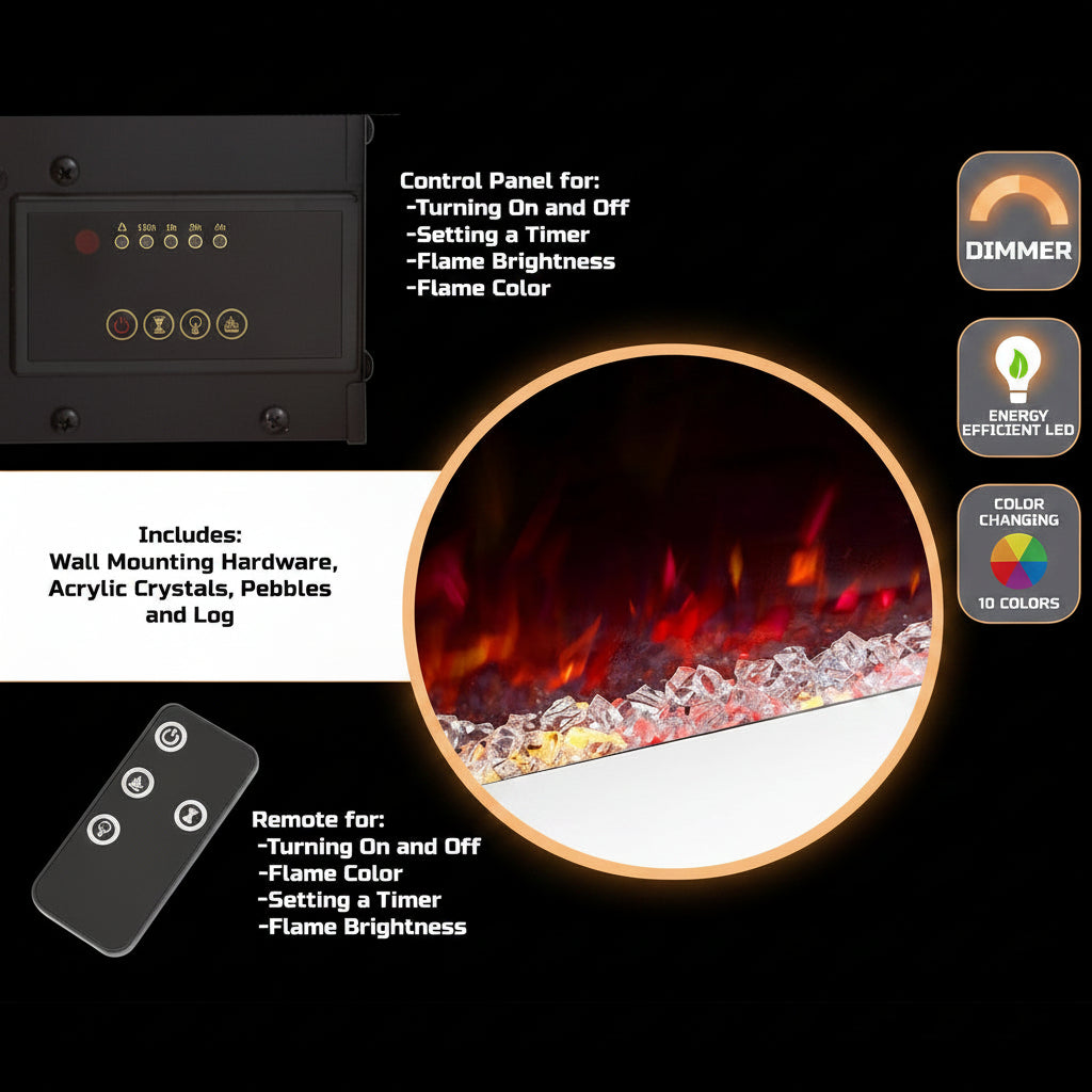 Electric Fireplace - 50 Inch Wall Mounted Fireplace with 10-Color LED Flames, 3 Backgrounds, Adjustable Brightness, and Remote (White)
