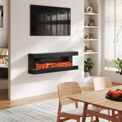 50 In. 3-Sided Wall-Mounted Metal Electric Fireplace with Mantel, LED Flame, Side Ambient Lights, Remote, Timer in Black