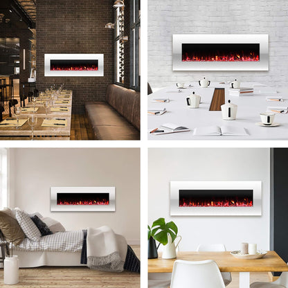 Electric Fireplace - 50 Inch Wall Mounted Fireplace with 10-Color LED Flames, 3 Backgrounds, Adjustable Brightness, and Remote (White)