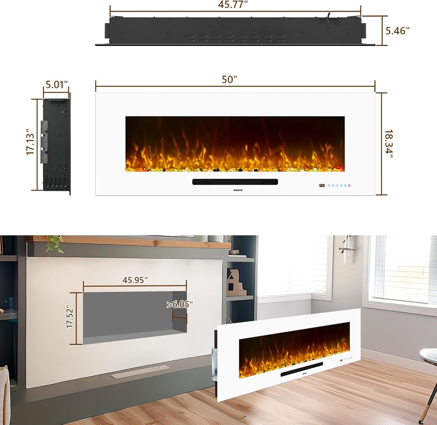 50 Inch Electric Fireplace, Recessed & Wall Mounted Fireplace Heater with Remote Control and 750/1500W Thermostat, Multicolor Flame Combinations, Logs & Crystal, White