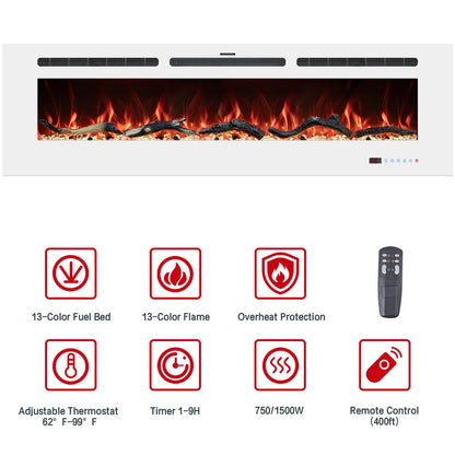 Powder White 60 & 72 Inch Electric Fireplace - Wall Mounted or Recessed