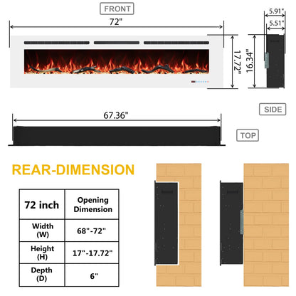 Powder White 60 & 72 Inch Electric Fireplace - Wall Mounted or Recessed