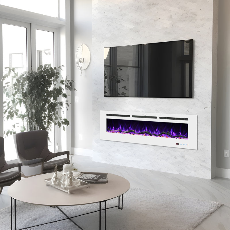 Powder White 60 & 72 Inch Electric Fireplace - Wall Mounted or Recessed