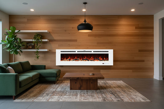 Powder White 60 & 72 Inch Electric Fireplace - Wall Mounted or Recessed