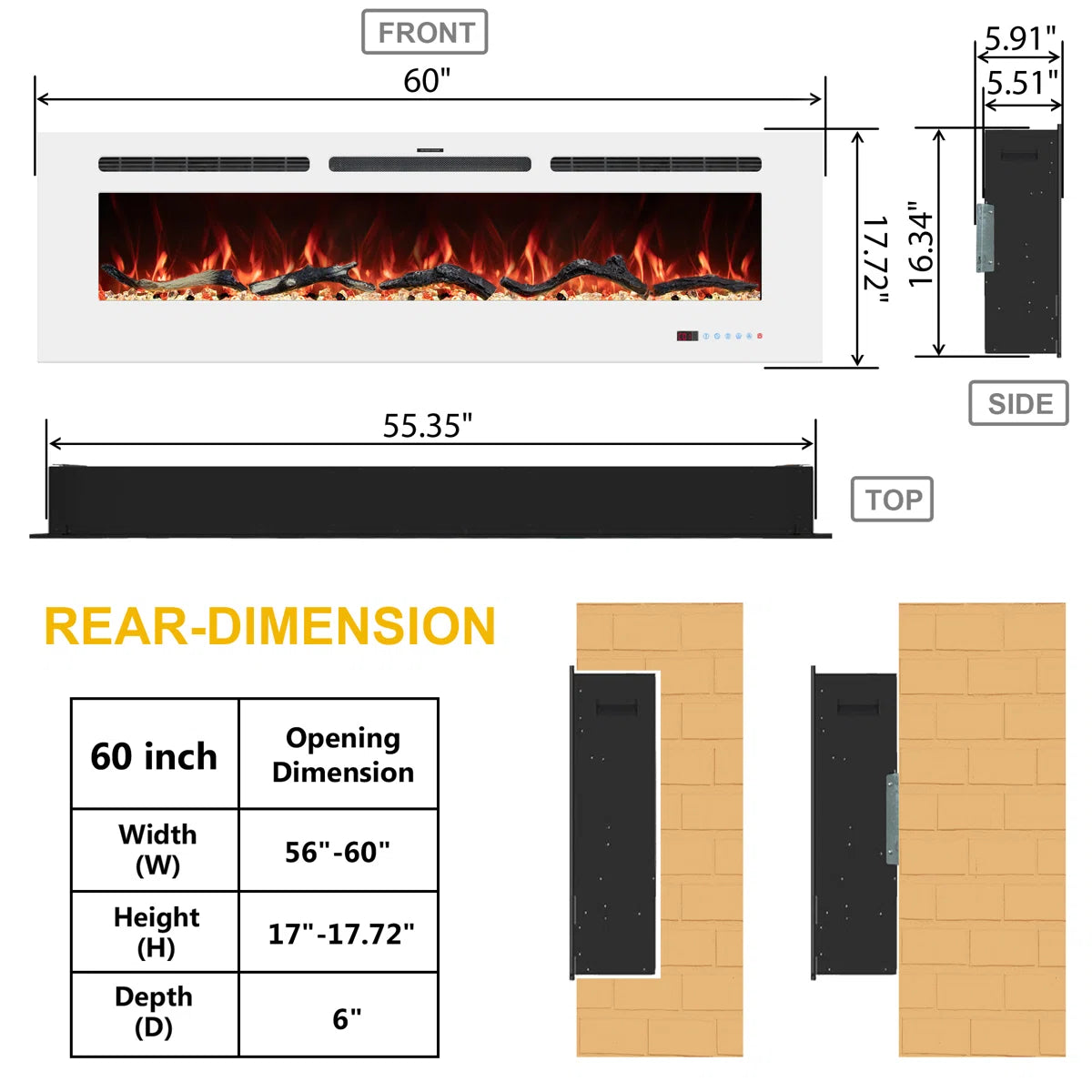 Powder White 60 & 72 Inch Electric Fireplace - Wall Mounted or Recessed