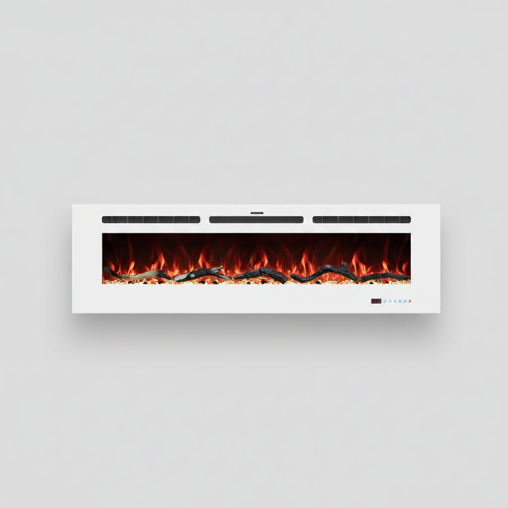 Powder White 60 & 72 Inch Electric Fireplace - Wall Mounted or Recessed