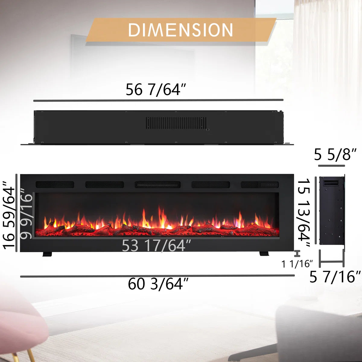 Carsten 60 Inch 3-in-1 Electric Fireplace Insert - Adjustable Color Flames - Fire Cracking Sound