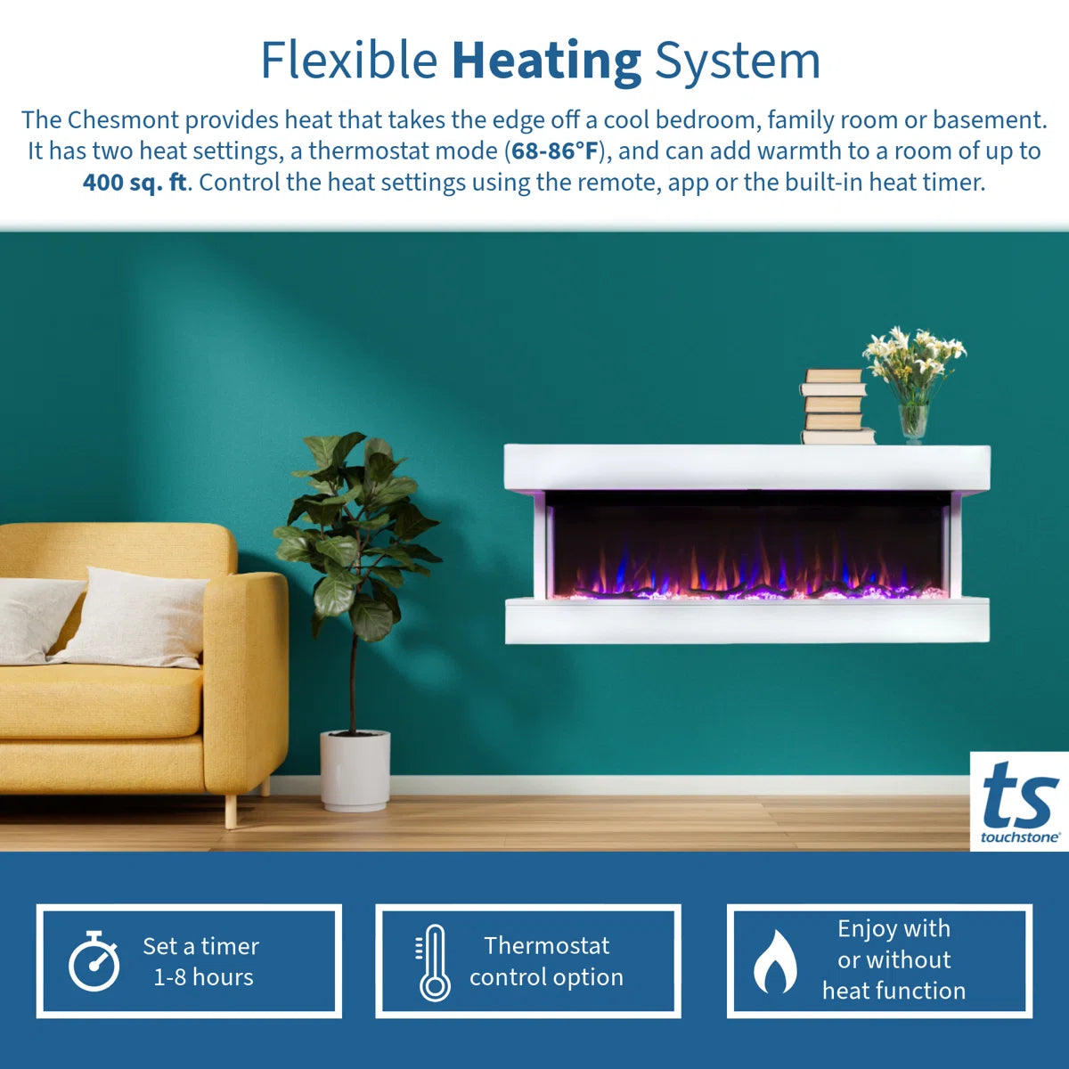 Chesmont 50 Inch 3-Sided Wall Mount Electric Fireplace - Smart