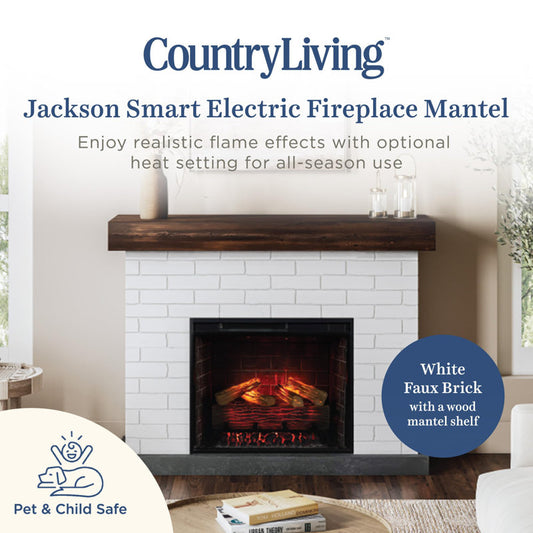 Country Living Jackson 55 Inch Electric Fireplace Mantel - White Brick
