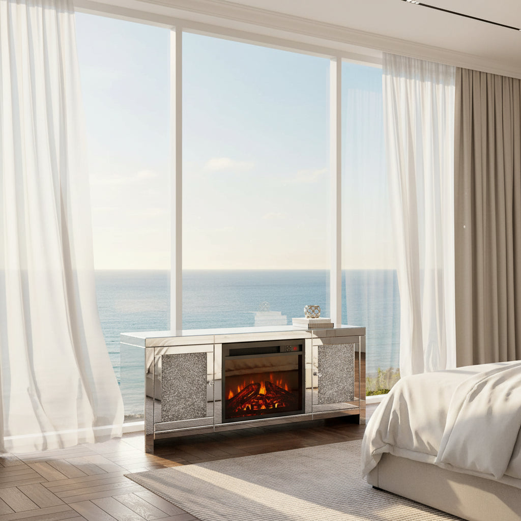 56 Inch Electric Fireplace TV Stand Heater - Everly Quinn Diamond Mirrored