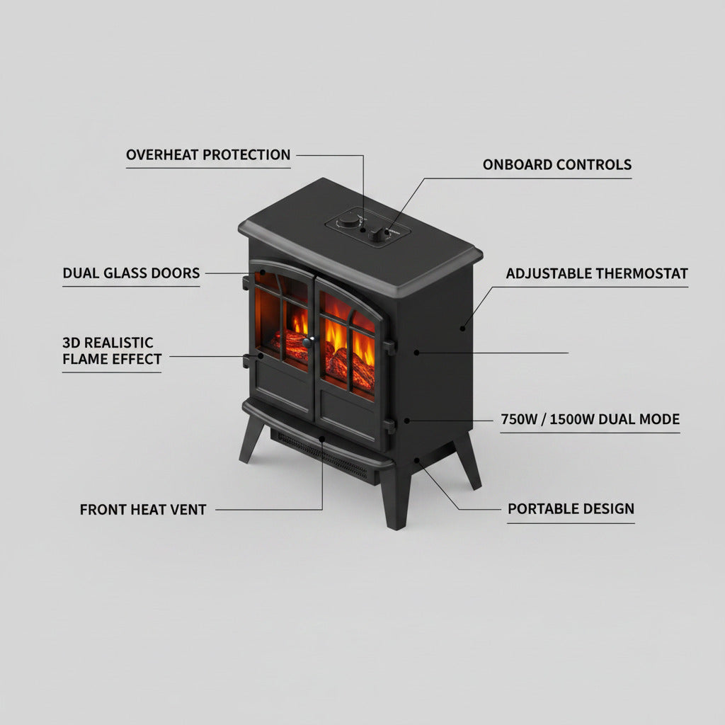 OC Portable Fireplace Space Heater - 3D Realistic Flame Thermostat 750W/1500W Overheating Protection