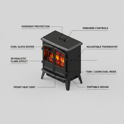 OC Portable Fireplace Space Heater - 3D Realistic Flame Thermostat 750W/1500W Overheating Protection