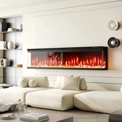 Modern 72-Inch 3-Sided Electric Fireplace Heater -  Clear Tempered Glass