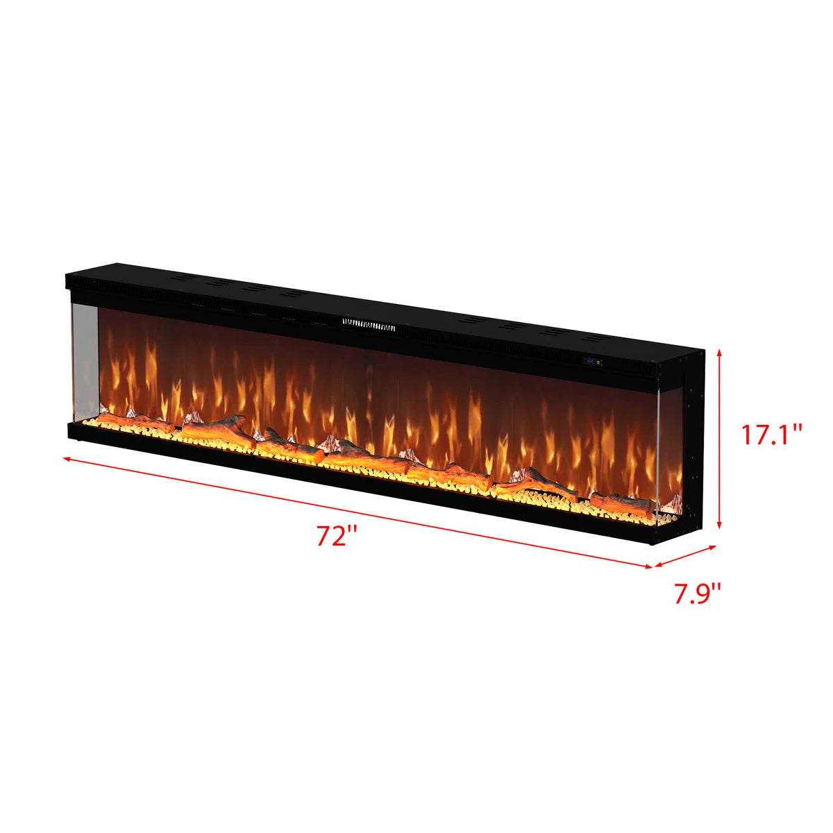 Modern 72-Inch 3-Sided Electric Fireplace Heater -  Clear Tempered Glass
