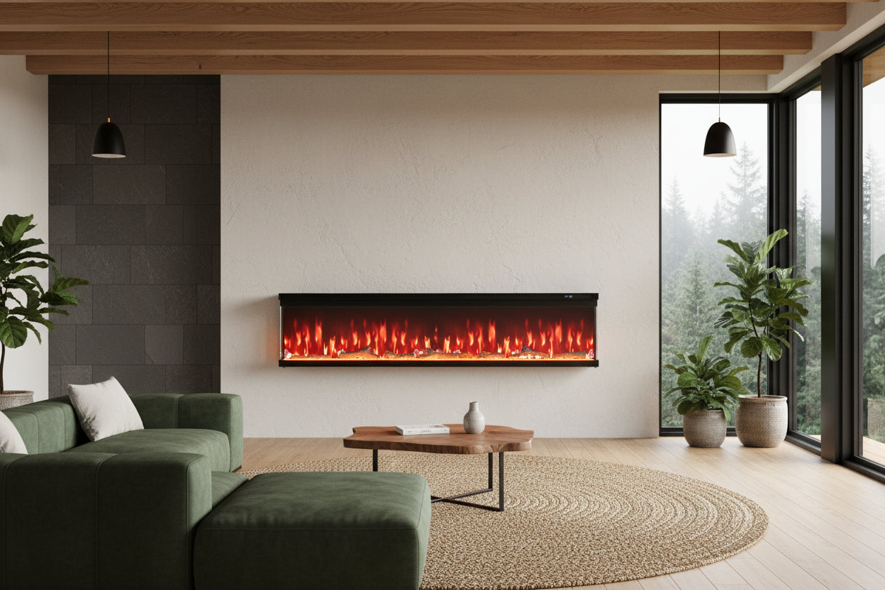 Modern 72-Inch 3-Sided Electric Fireplace Heater -  Clear Tempered Glass
