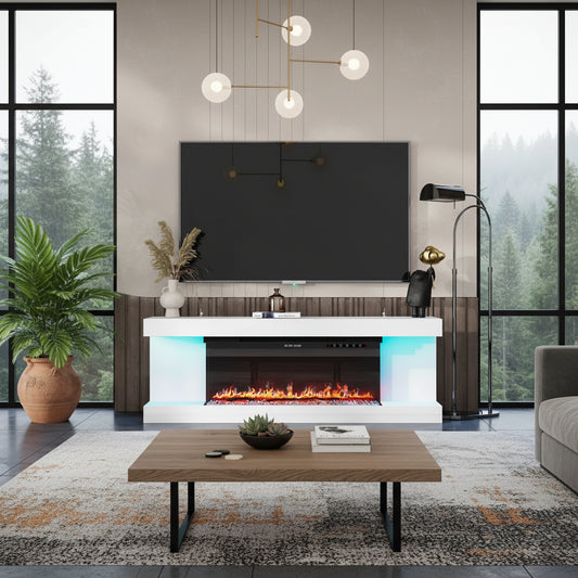 Ivy Modern  66 Inch  Electric Fireplace TV Stand - Media Console - LED Lighting - White