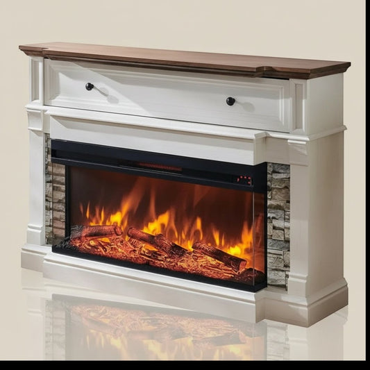 52-inch Freestanding Electric Fireplace Mantel With Storage Cabinet Antique White