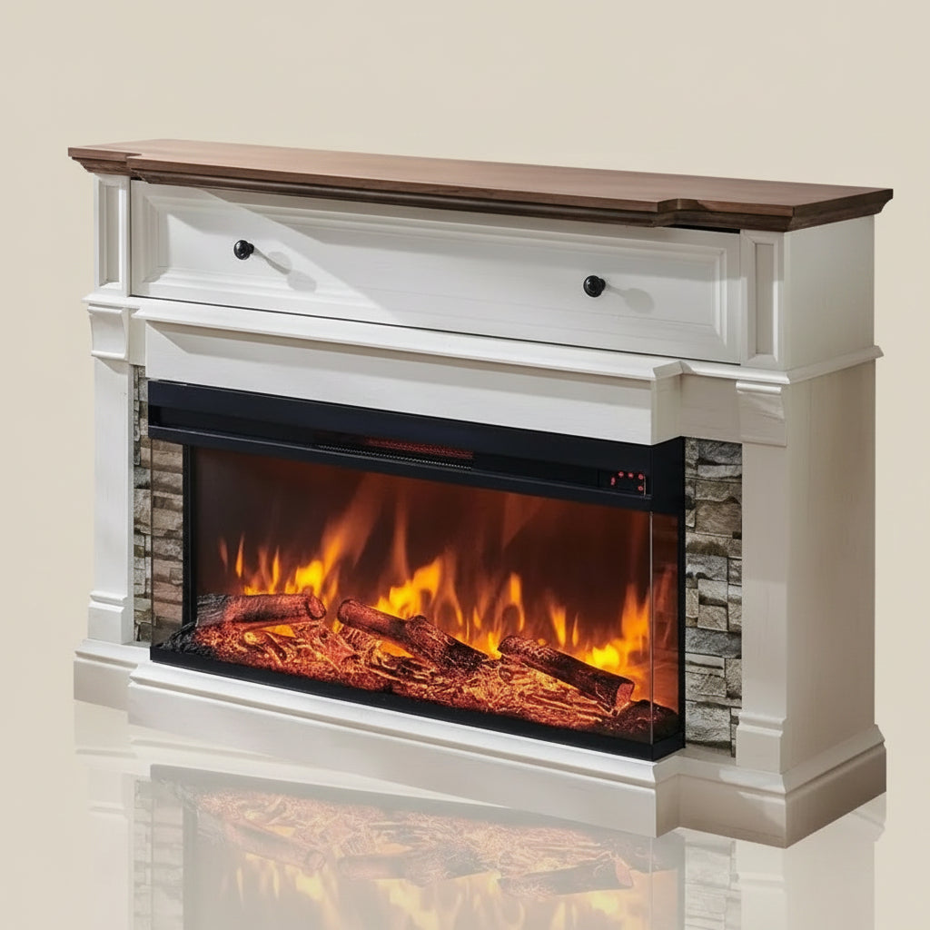 52-inch Freestanding Electric Fireplace Mantel With Storage Cabinet Antique White