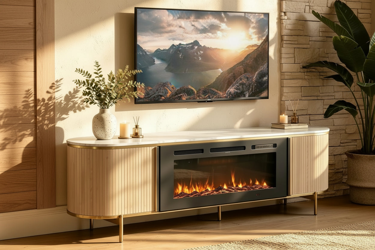 Fluted Fireplace TV Stand 70in Modern Entertainment Center