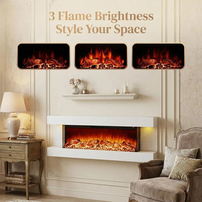 60" Wall Mount Electric Fireplace with 3-Sided View LED Heater White