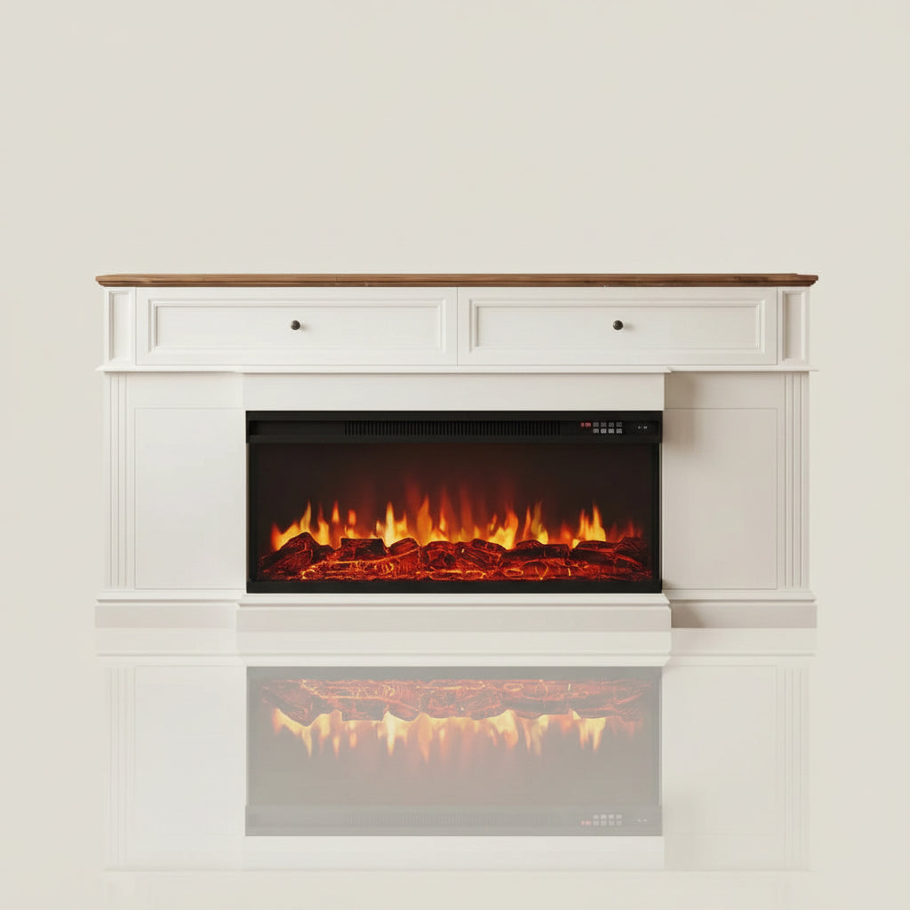 63in Electric Fireplace TV Stand Media Console Antique White