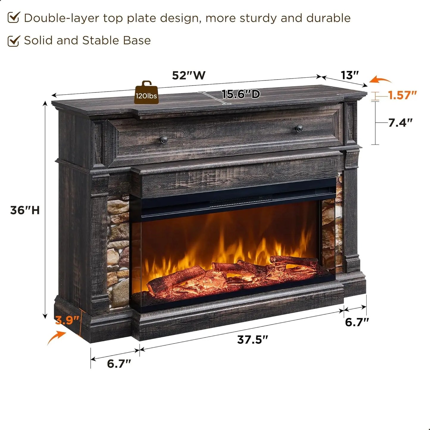 Electric Fireplace TV Stand 52-Inch 3-Sided Glass Dark Rustic Oak