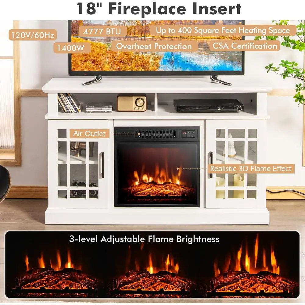 50-Inch TV Electric Fireplace Stand with Side Cabinets and Remote