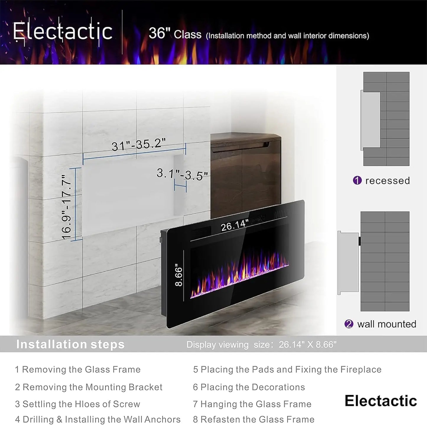 36 Inch Wall-Mounted Electric Fireplace Insert with Thermostat