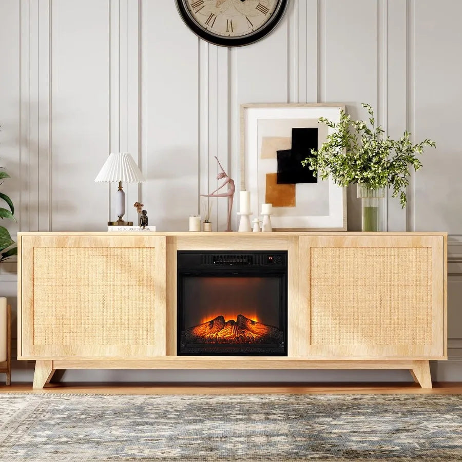VINGLI Fireplace TV Stand 70 inch Rattan Entertainment Center