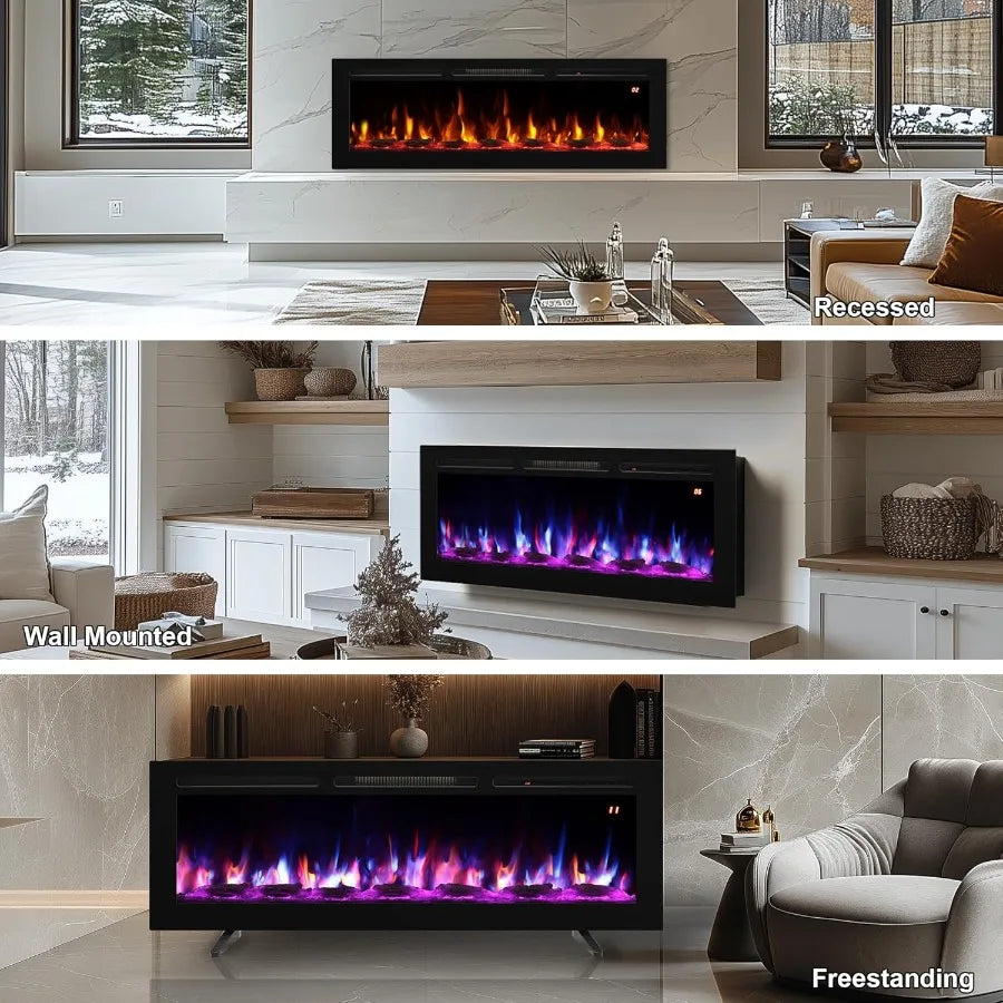 48 Inch 3-in-1 Wall-Mounted Recessed Freestanding Electric Fireplace