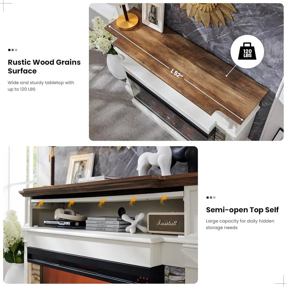 65in Electric Fireplace TV Stand with 36in Insert Antique White