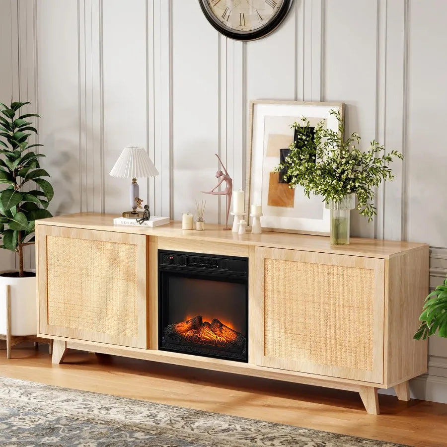 VINGLI Fireplace TV Stand 70 inch Rattan Entertainment Center