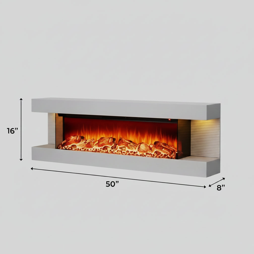 50 Inch Electric Fireplace with Floating Mantel - Wall Mount - 3 Sided 36 Inch heater Insert