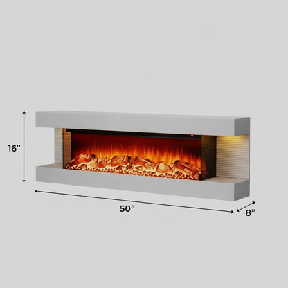 50 Inch Electric Fireplace with Floating Mantel - Wall Mount - 3 Sided 36 Inch heater Insert