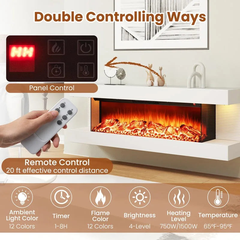 3-Sided Wall Mounted Electric Fireplace with Floating Mantle 36 Inch