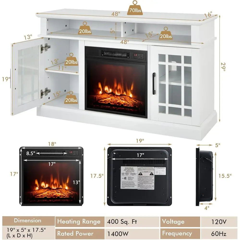 50-Inch TV Electric Fireplace Stand with Side Cabinets and Remote