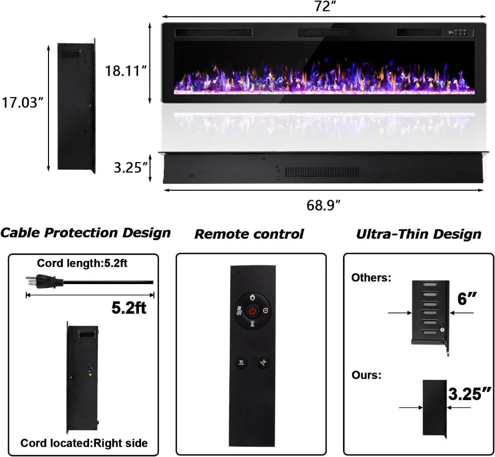Ultra-Thin Electric Fireplace Heater Wall Mounted Freestanding 72 Inch