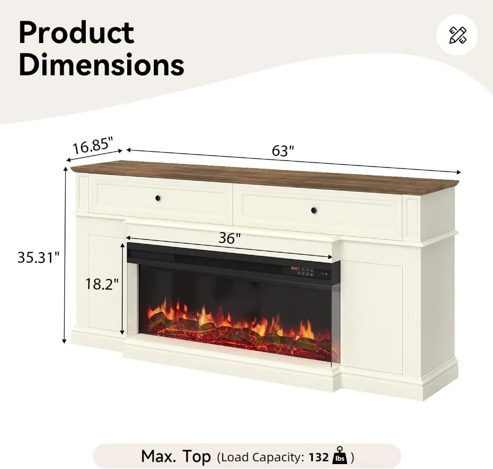 63in Electric Fireplace TV Stand Media Console Antique White