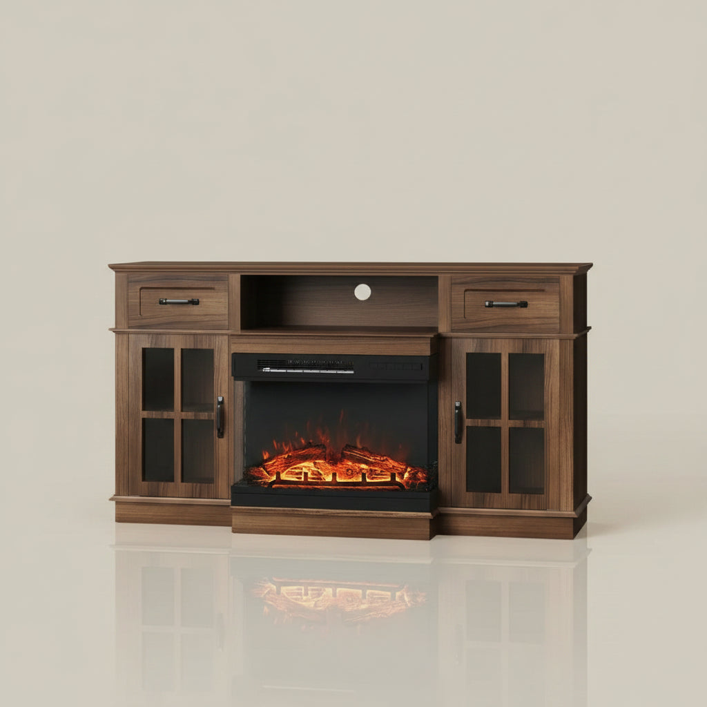 58 Inch Deep Walnut Electric Fireplace TV Stand Lattice Doors