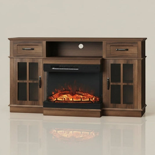 58 Inch Deep Walnut Electric Fireplace TV Stand Lattice Doors