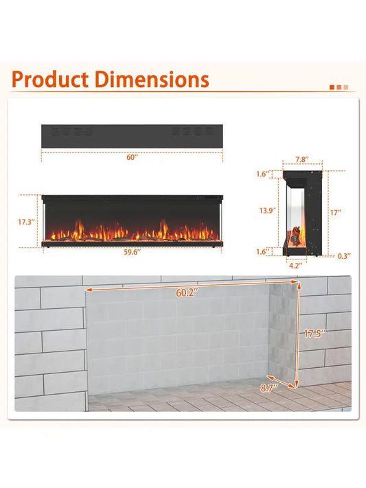 3-Sided Electric Fireplace Insert with Remote Control 60 Inch