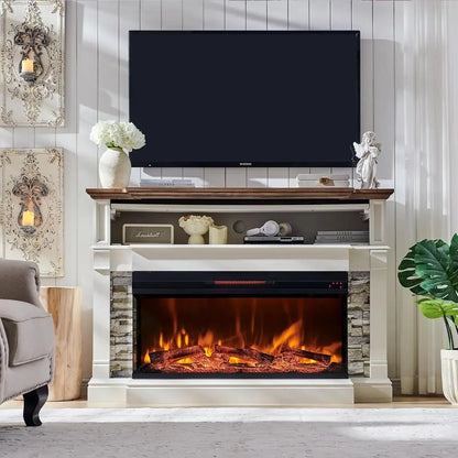 65in Electric Fireplace TV Stand with 36in Insert Antique White