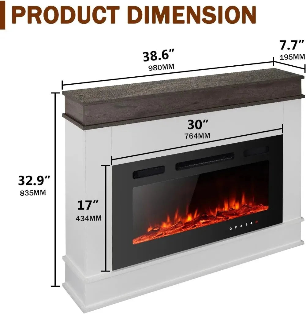 39" Electric Fireplace Mantel Heater 1500W 12 LED Colors