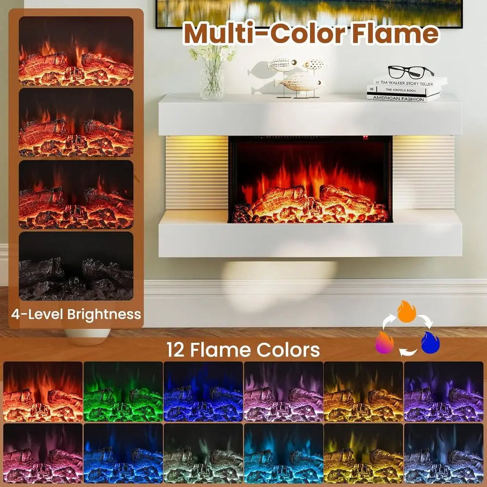 32-inch Wide Electric Fireplace Wall-Mounted with Floating Mantel 1500W
