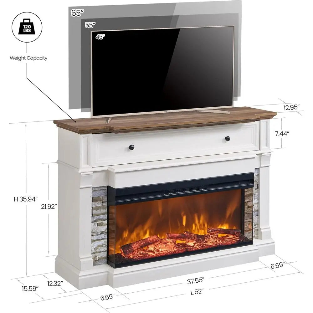 65in Electric Fireplace TV Stand with 36in Insert Antique White