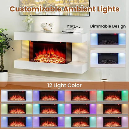 32-inch Wide Electric Fireplace Wall-Mounted with Floating Mantel 1500W