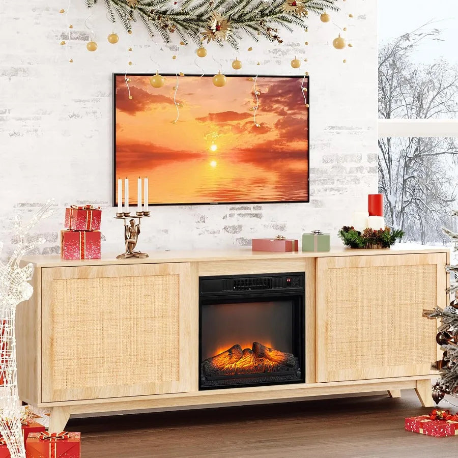 VINGLI Fireplace TV Stand 70 inch Rattan Entertainment Center