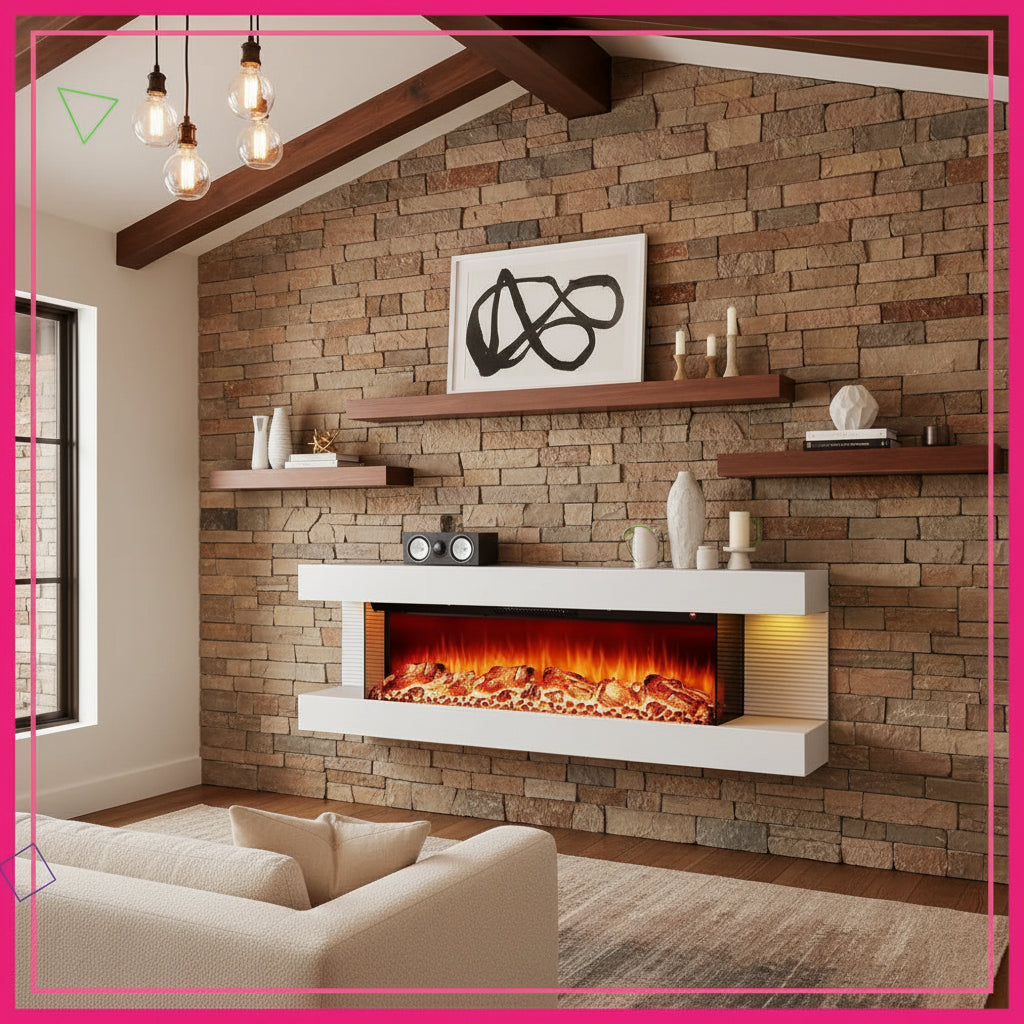 60" Wall Mount Electric Fireplace with 3-Sided View LED Heater White