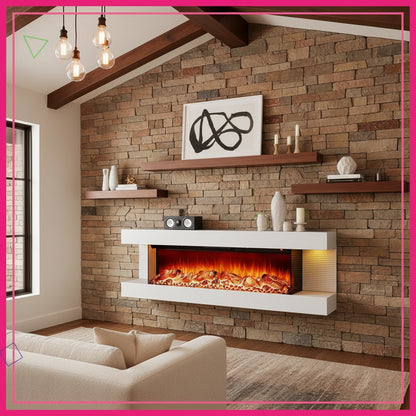 60" Wall Mount Electric Fireplace with 3-Sided View LED Heater White
